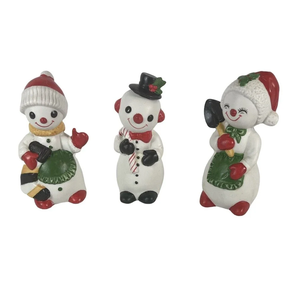 Porcelain Bisque Snowmen Set of 3 Shovel Stocking Candy Cane Vintage Taiwan Xmas